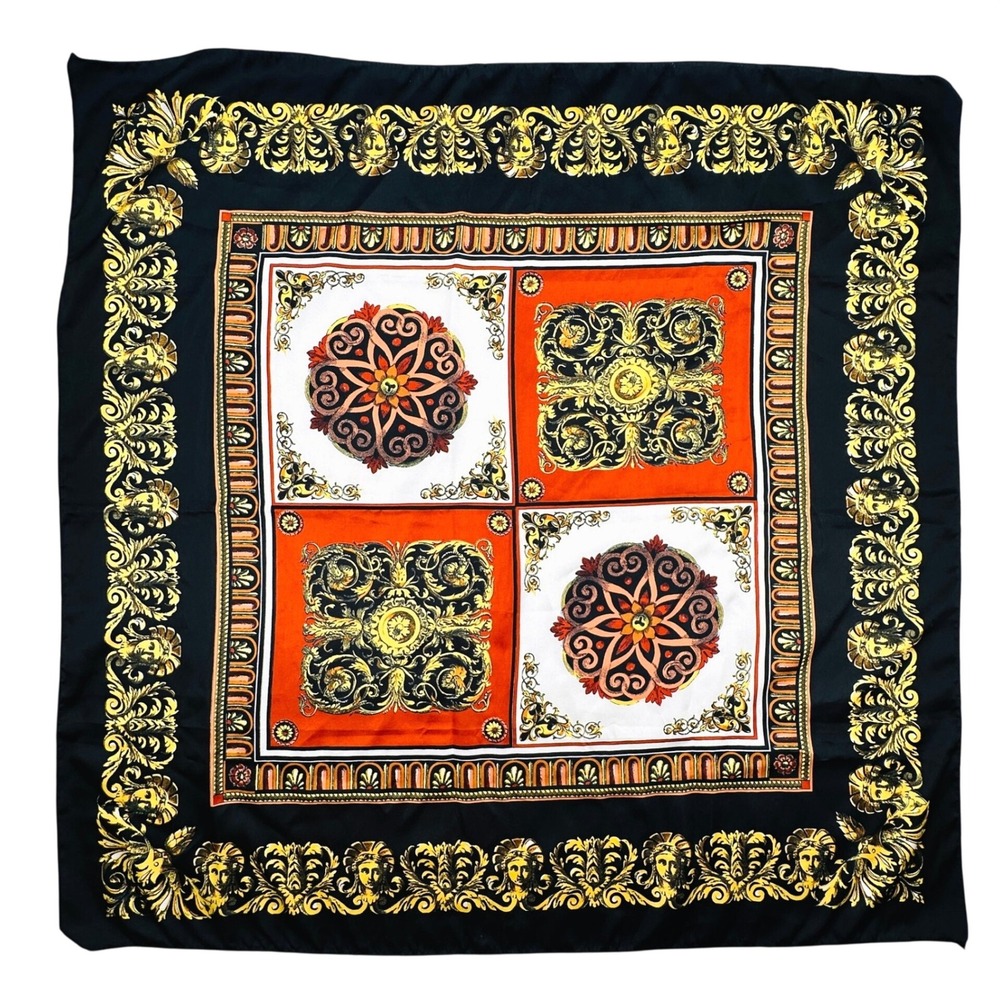 Vintage Baroque Black Orange-Red Scarf Luxury Italian Gold Medallion Square 34"